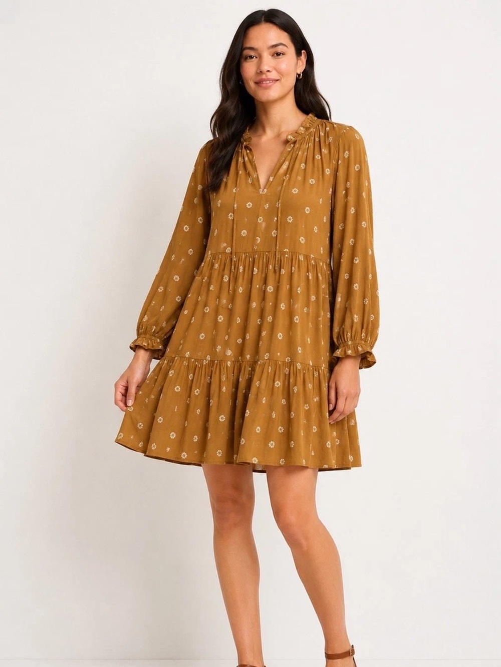 Madewell Brown Tiered Long-Sleeve Mini Dress, Small